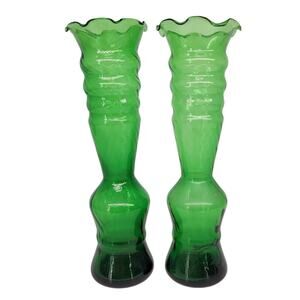 Vintage Pair Green Swirl Art Glass Bud Vases Ruffle Rim Mid Century Decor 8in